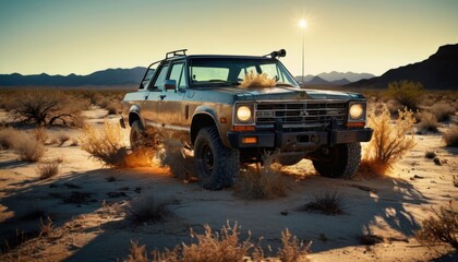 Vintage Off-Road Vehicle in the Desert at Sunset.