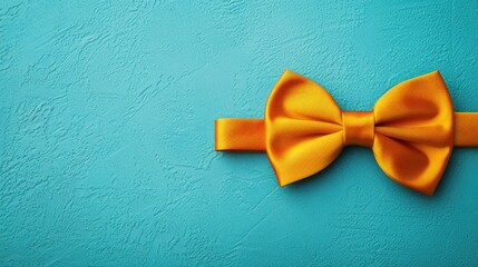 Yellow satin bow tie on turquoise background with copy space Minimalist flat lay photo of pre tied bow tie Men s accessory on left side