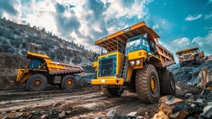 Obraz premium Heavy mining equipment at work Mining industry concept Dump truck on construction site earth moving operations mining