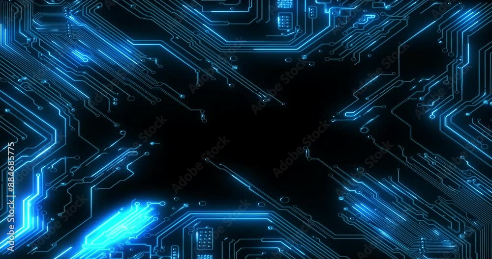 Poster Circuit board, digital and technology on motherboard for big data or communication on computer system. Network, electronics or machine learning on cyber hardware for storage, info or cloud computing