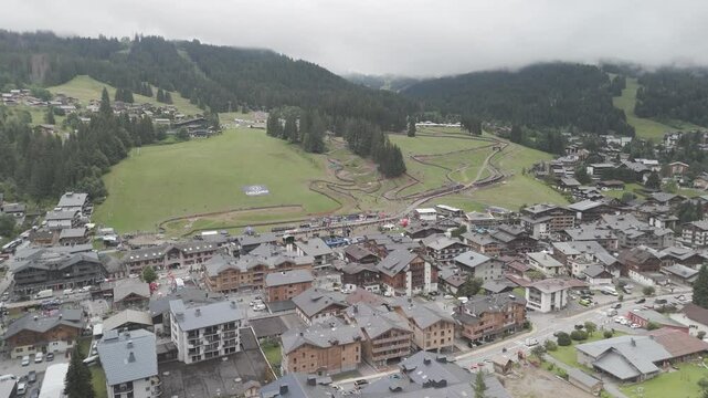 Footage filmed in France, in a village named Les Gets in the Alpes with DJI Mini 4 pro in 4k and D-Cinelike. Movement 360&ordm; to left