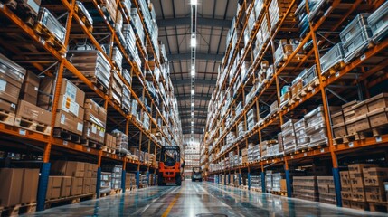 Fototapeta premium Large distribution warehouse with high shelves and loaders. Inside the warehouse