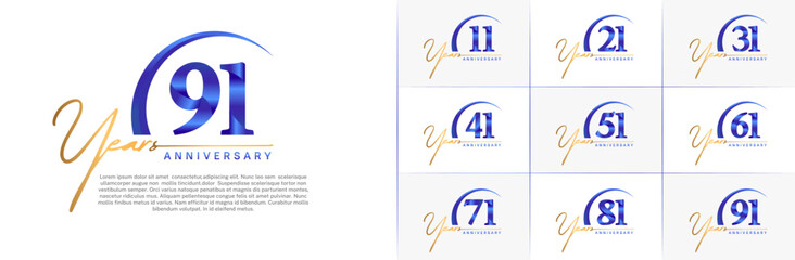 anniversary logotype set vector, gold and blue color with swoosh for special day celebration