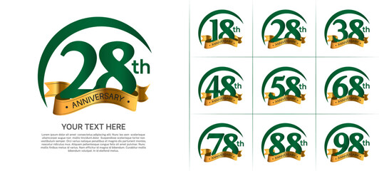 anniversary logotype set vector, green color with golden ribbon for special day celebration