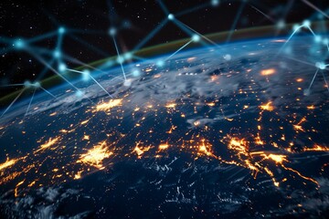 Digital concept image showcasing interconnected nodes over a night landscape of earth from space