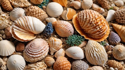 Seashells Collection on Sand.
