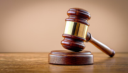  Close-up judge hammer on wooden gavel block with blank beige background - Generative AI