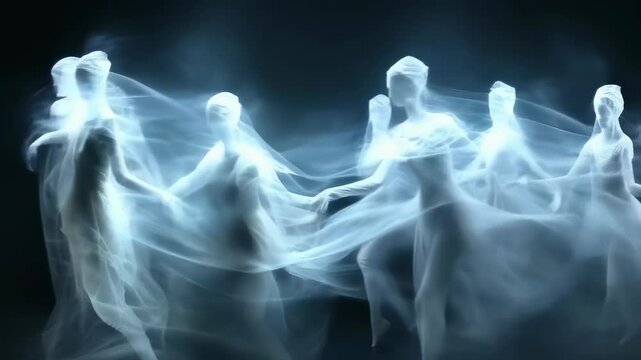 A group of ethereal, ghost-like figures appears to be moving in a dark, mystical setting. The translucent forms blend seamlessly with the black background, creating a surreal, haunting atmosphere.