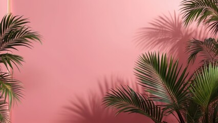 Fototapeta premium Pink Wall with Tropical Palm Leaves and Shadows.