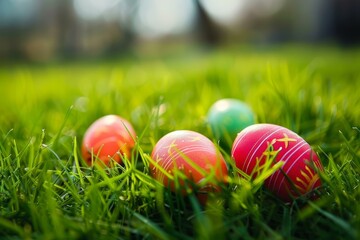 Fototapeta premium Colorful painted easter eggs hidden amongst vibrant green grass, symbolizing springtime and celebration