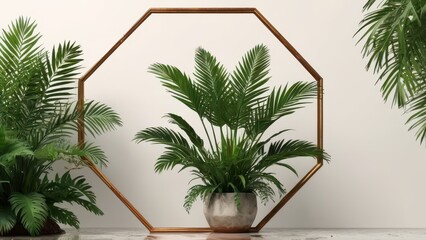 Fototapeta premium Tropical Plants with Golden Frame Minimalist Background.