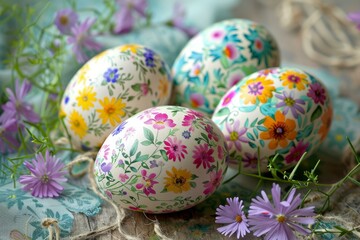 Vibrant handpainted easter eggs with delicate flower patterns on rustic wooden background
