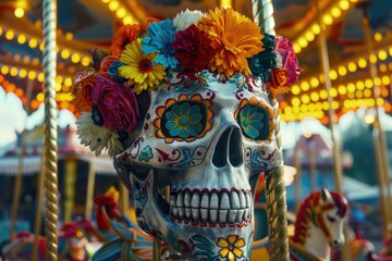 Fototapeta premium Mexican skull with flowers: an iconic representation of dia de muertos, showcasing the rich cultural heritage and deep significance of this festival dedicated to remembering the departed.