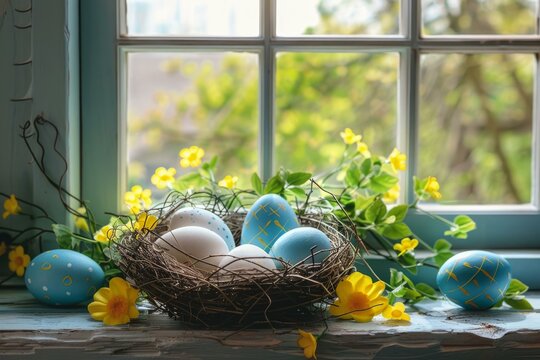 Cozy easter setting with a nest of painted eggs among yellow flowers on a sunny windowsill
