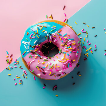 Pink and blue donut with sprinkles on a pink background