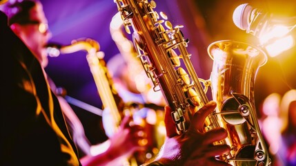 Photos of live jazz at the festival Saxophonist and band perform on stage