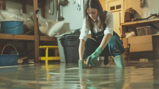 A young Caucasian woman kneels in a flooded basement, cleaning up water. She wears protective gloves and boots, focusing on the task amid various scattered objects. The scene is likely set in the