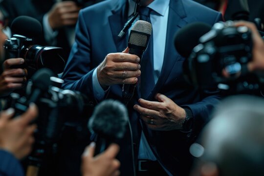 Professional businessman answering questions from a group of journalists during a press conference with microphone in hand discussing business and industry trends