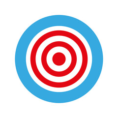Target icon. Red bullseye. Blue circular border. Vector flat design.