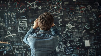 man solving problems Brainstorming ideas on the blackboard Science and education background