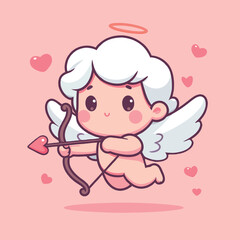 2D Vector Illustration of a Cute Cupid with Tiny Wings Holding a Love Bow and Arrow Shooting