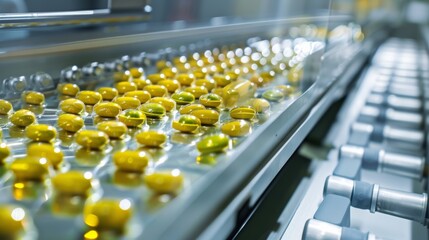 Fototapeta premium Close-up photograph of the medical capsule filling process by machinery.