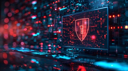 Obraz premium A computer monitor displays a shield and lock, surrounded by digital data streams and binary code.