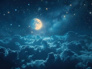 Nighttime clouds illuminated by the moon and stars, creating a serene scene in 4K.