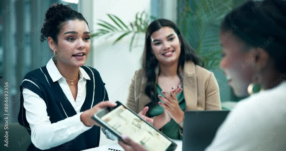 Canvas Prints Collaboration, success and tablet with business women in boardroom of office together for motivation. Celebration, cheering and winner with employee team in workplace for achievement or bonus