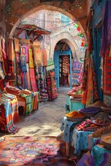 Fototapeta premium Vibrant market in a Moroccan bazaar with colorful stalls and spices