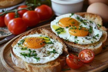 Delicious breakfast toast with sunny side up eggs, sprinkled herbs, and ripe cherry tomatoes on a rustic wooden table