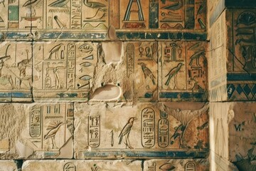 Fototapeta premium Closeup of old egyptian hieroglyphs and carvings with vivid details on a historical temple wall