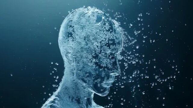 A transparent human head submerged in water, surrounded by numerous bubbles, set against a dark background. The scene conveys a serene, introspective mood, suggesting fluidity and tranquility.