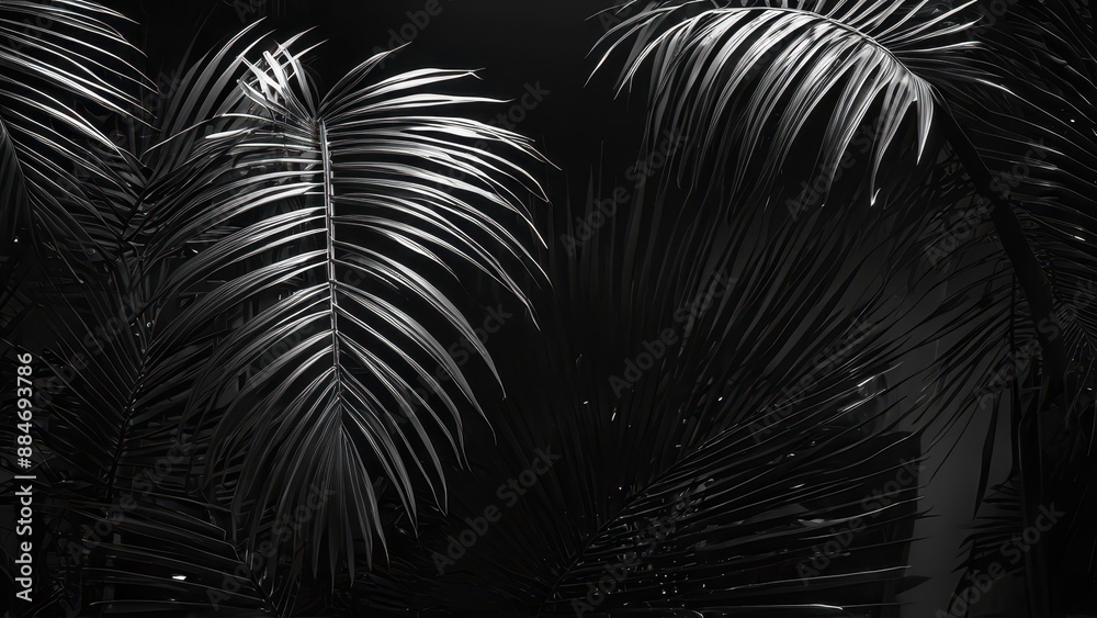 Wall mural black and white palm leaves.