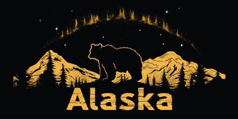 Alaska wildlife illustration with bear and northern lights, ideal for nature-themed decor, state pride, and wilderness adventure promotions