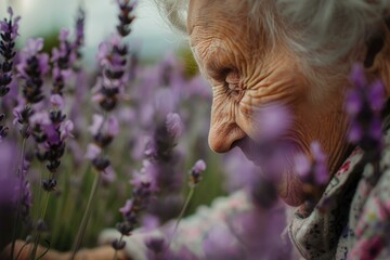 Closeup of a joyful senior lady appreciating the scent of lavender blossoms outdoors