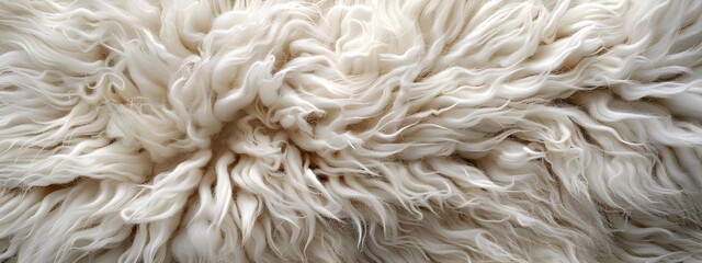 White natural sheep wool background.  Closeup plush cotton light cream texture of fluffy fur. Warm and cozy fleece. Natural organic textile or material