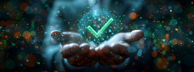  Green check mark for compliance, certification or audit concept with a business man holding a digital hologram of green compliance tick symbol 
