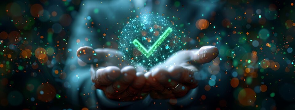  Green check mark for compliance, certification or audit concept with a business man holding a digital hologram of green compliance tick symbol 