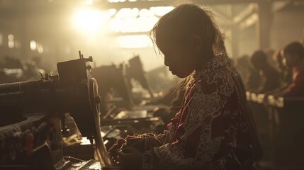 Impoverished children laboring in gloomy factory sewing clothes and crafting footwear