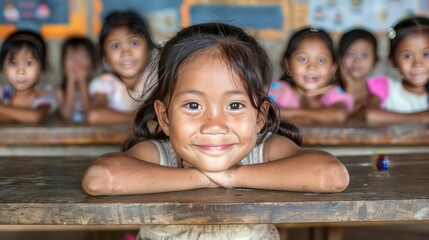 kids smiling in their desks sitting in class as the teacher teaches