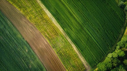 Aerial view of agricultural fields green and plowed areas