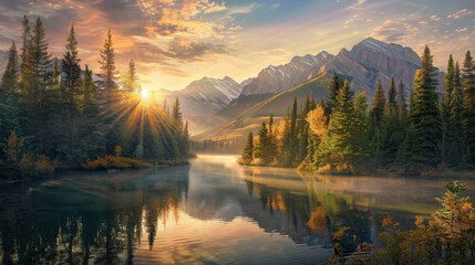 A picturesque riverside forest at sunset, majestic pine trees surrounding a calm river, sunlight filtering through the branches, warm, soft lighting