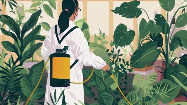 A young woman of Asian ethnicity is spraying water on plants in a greenhouse. She wears a white lab coat and glasses, tends to lush green plants with a yellow sprayer. The setting is calm and serene.
