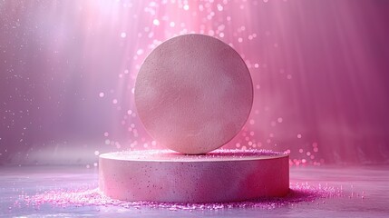 "Minimalist stage featuring an empty cylinder podium on a soft lilac background, with sparkling rainbow crystal light refractions. Suitable for displaying and presenting cosmetic products and packagin