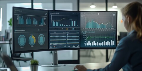 Obraz premium Customer Experience Optimization Professionals analyzing data to enhance customer experience, with charts showing customer feedback, journey maps, and satisfaction scores. 