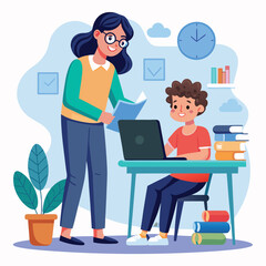 A freelancing School teacher carefully  guides some of his students in  his classroom Vector Art Illustration