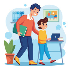 A freelancing School teacher carefully  guides some of his students in  his classroom Vector Art Illustration