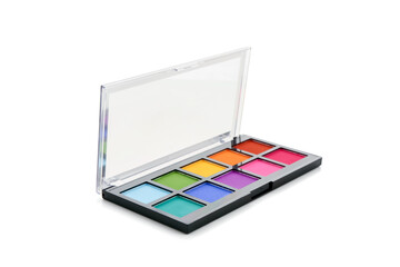 Palette with colorful eyeshadows on white background