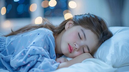 Close up view of woman sleeping peacefully on a mattress with a softly blurred background